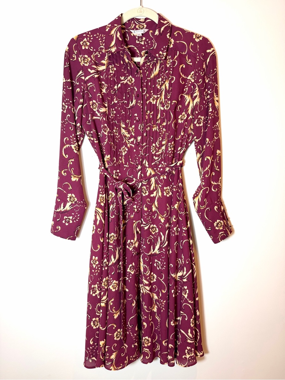 Nanette Lepore Burgundy Gold Floral Pintuck Long Sleeve Midi Shirtdress Size 4